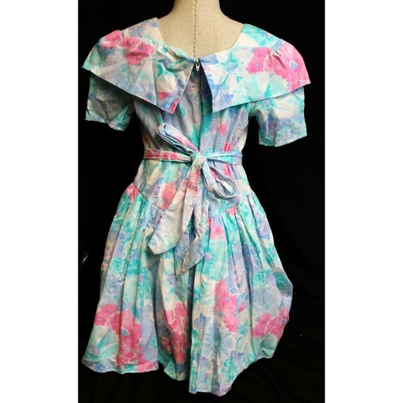VTG 1990s Misty Rose Dress Girls Sz 10 Blue Pink Watercolor Floral Short Sleeve - Picture 3 of 6
